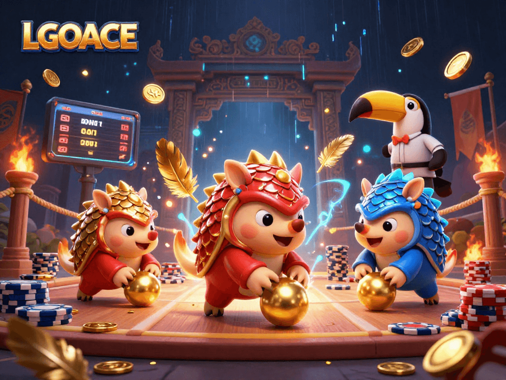 LGOACE showcases animated pangolins in armor rolling through golden poker chips in an exciting casino game.
