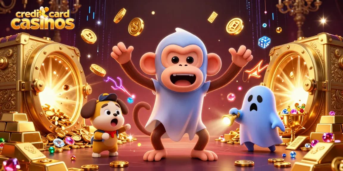 Exciting scene of a poltergeist monkey juggling coins at credit card casinos.