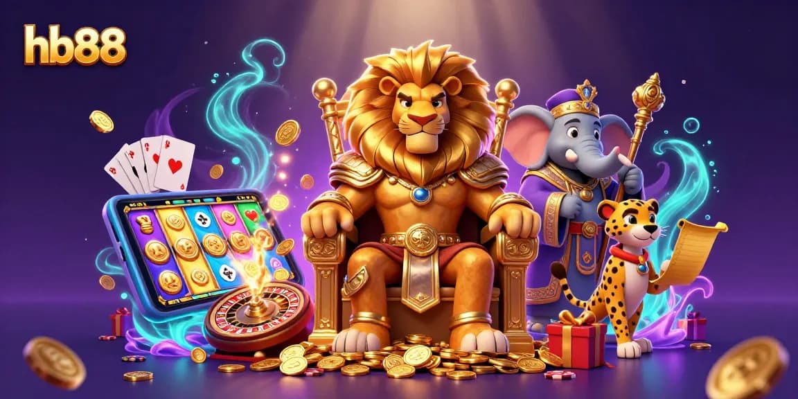 Engaging hb88 casino scene with a lion king, elephant advisor, and cheetah messenger amidst vibrant game elements.