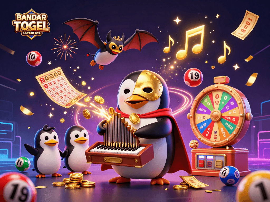BANDAR TOGEL TERPERCAYA showcases a vibrant 3D casino scene with colorful lottery elements.