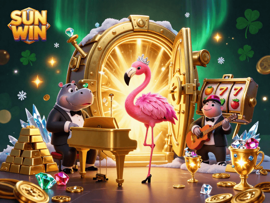 SUN WIN showcases exciting 3D casino scene with vibrant flamingo singer and hippo bassist amidst slot reel elements.