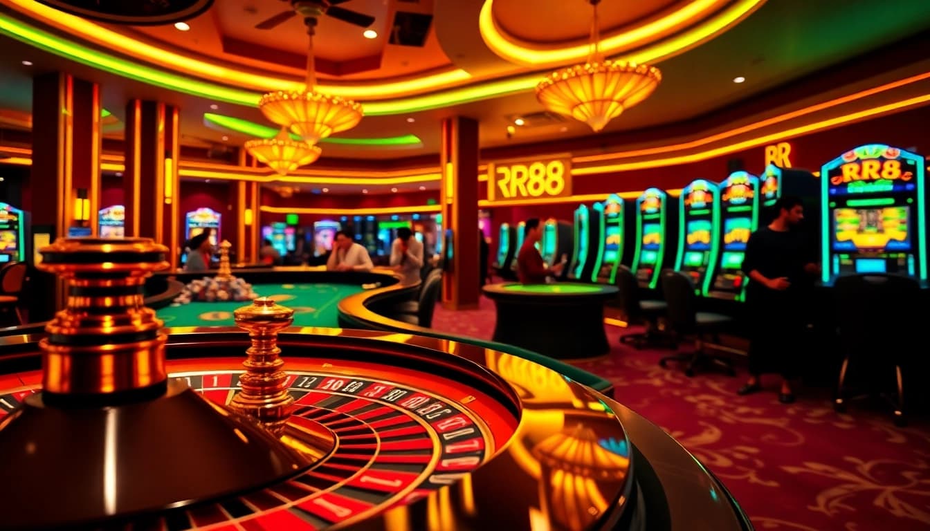 RR88 casino scene featuring vibrant roulette and poker tables filled with excited players.