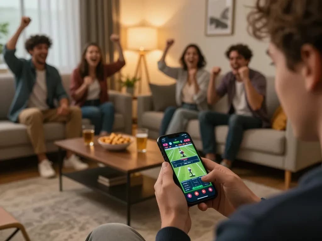 VA88 sports betting excitement from a smartphone in a lively home setting with friends.