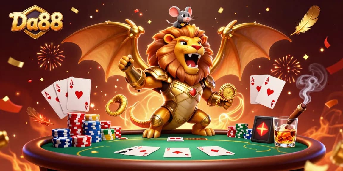 Experience thrilling play at Da88's poker table with a victorious chimera and mouse jockey.