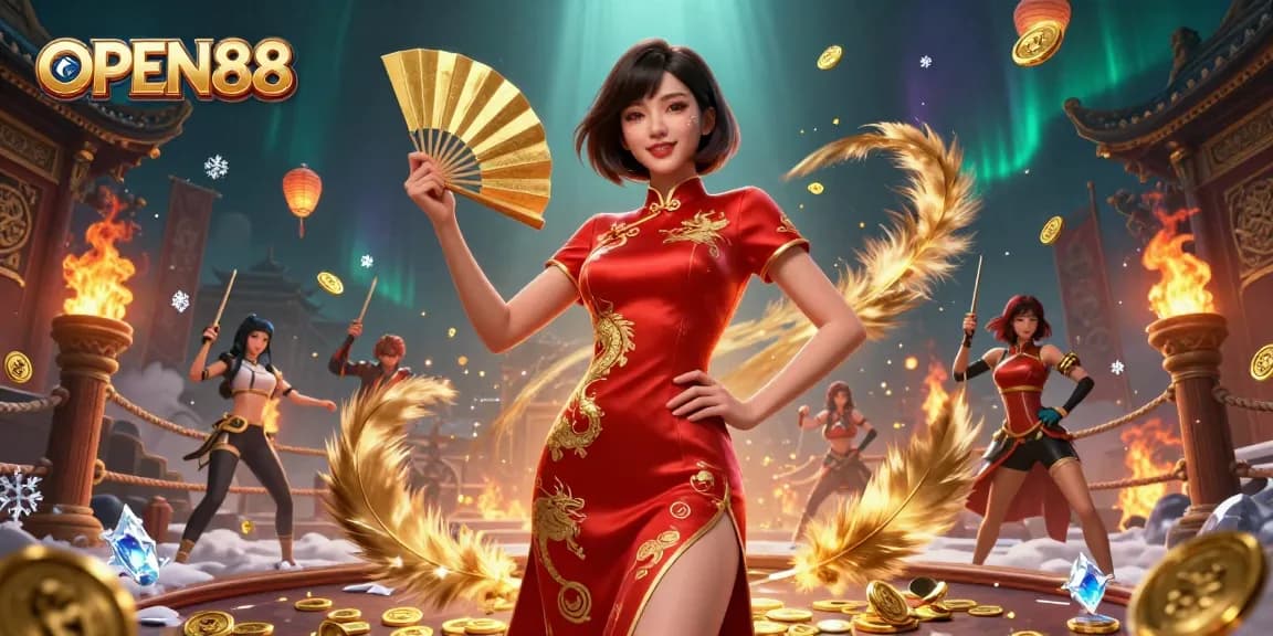 Experience the vibrant world of OPEN88, immersing in dynamic casino excellence with golden coins and games.