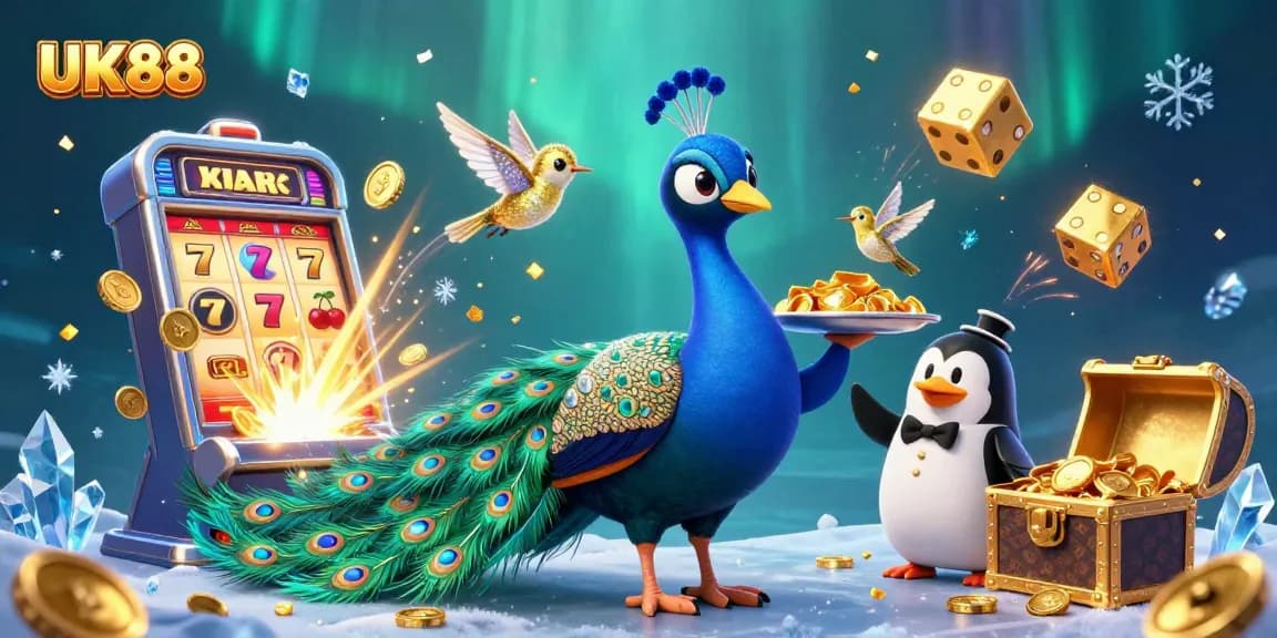 Experience the vibrant world of UK88 with a dazzling casino scene featuring a peacock, penguin, and hummingbird.