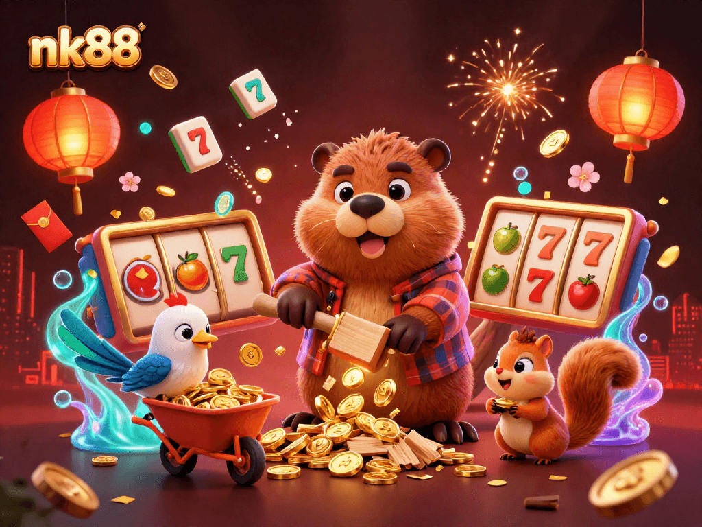 Engage with nk88 as a lumberjack beaver collects golden coins in a vibrant 3D casino scene.