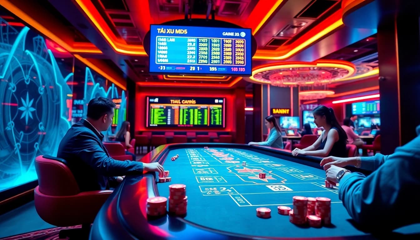 Experience thrilling gameplay in tài xỉu md5 at a vibrant casino table with chips and dice.
