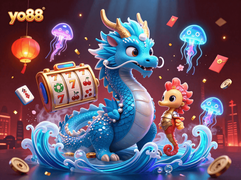 Engaging yo88 illustration with a water dragon and slot machine elements for gamblers