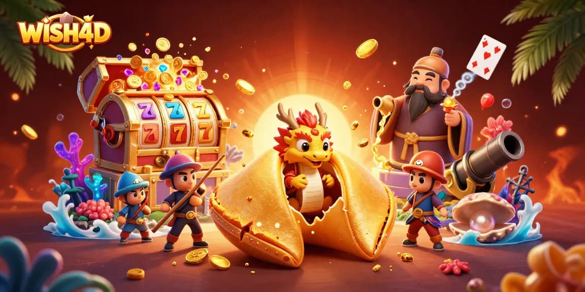 Experience WISH4D with a vibrant 3D casino illustration featuring a golden fortune cookie and dynamic slot elements.