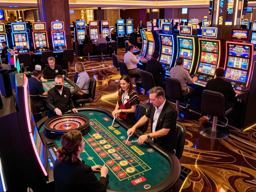 Engaging gambling scene at a casino floor showcasing players enjoying TT88 slot machines and roulette tables.