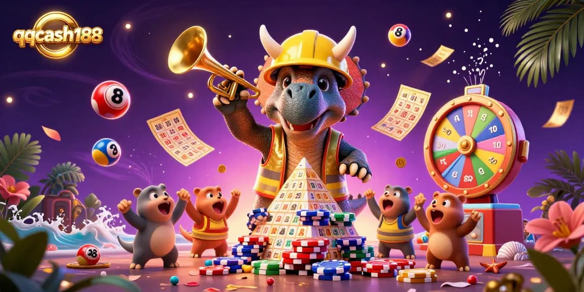 Experience the vibrant excitement of qqcash188 with a lively 3D scene of colorful casino elements and cheering characters.