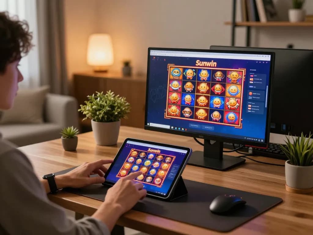 Player engaging with the Sunwin app while enjoying a cozy home gaming experience.