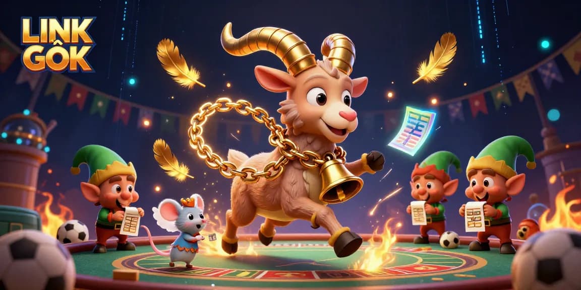 Experience LINK GỐC in a dynamic casino scene with Krampus goat and quirky characters managing bets.