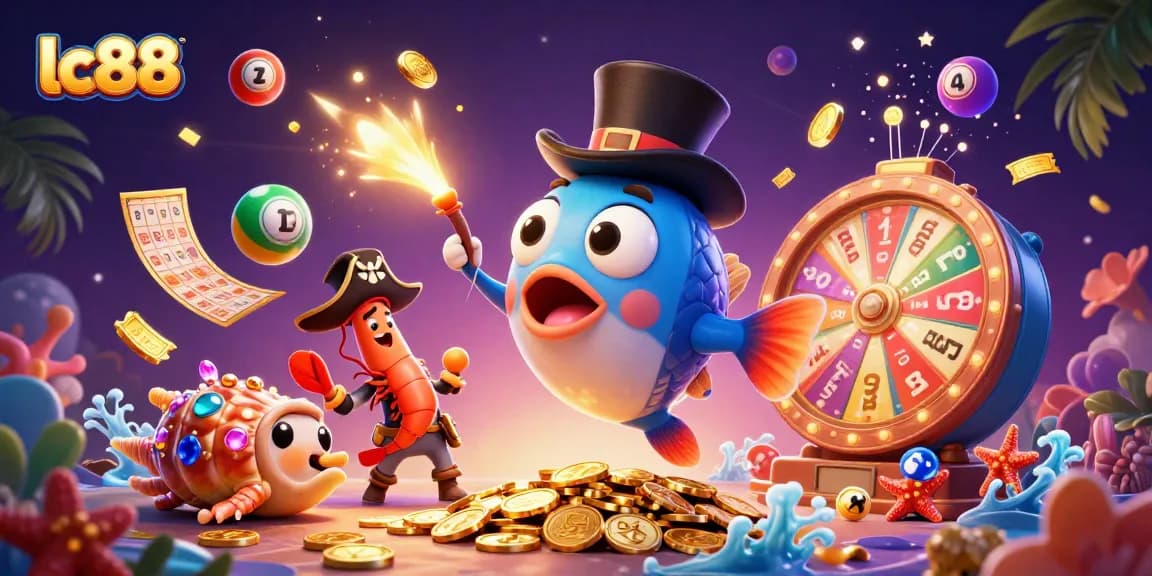 Engage with lc88's vibrant gaming world featuring an anglerfish, shrimp, and a gem snail in a dynamic scene.