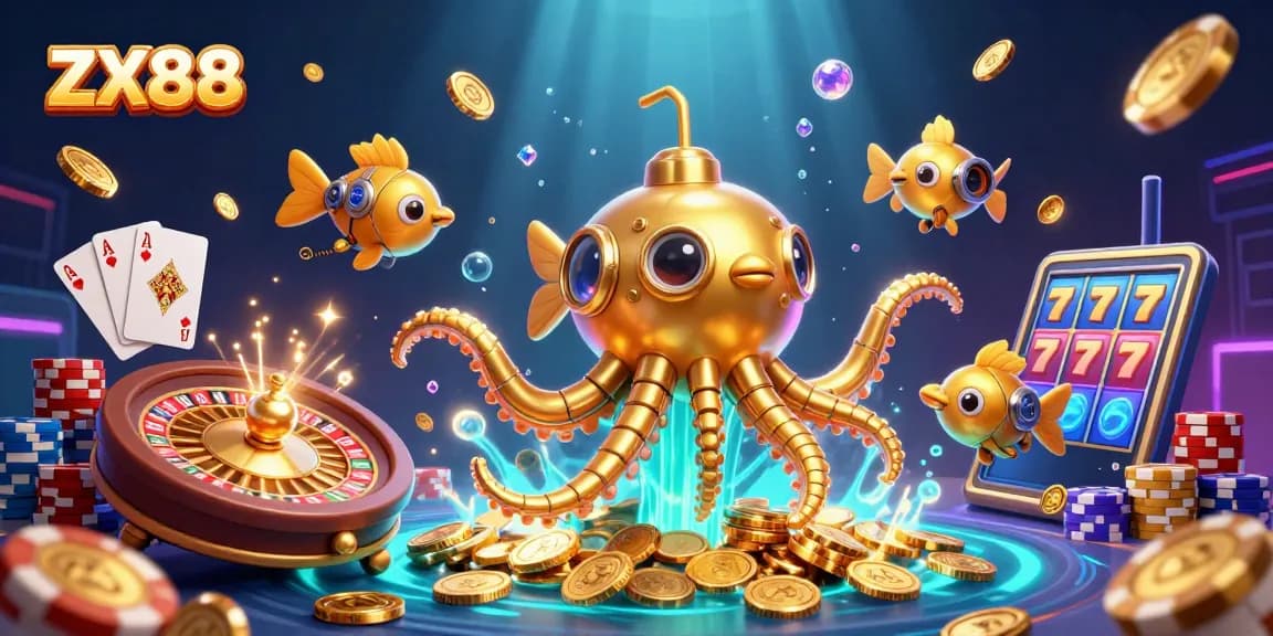Engage with ZX88's vibrant gaming scene featuring the golden kraken submarine and exclusive casino elements.