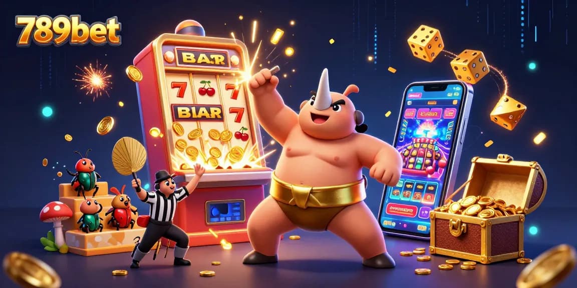 Experience thrilling wins with 789bet's cartoon gambling scene featuring vibrant symbols and energetic characters.