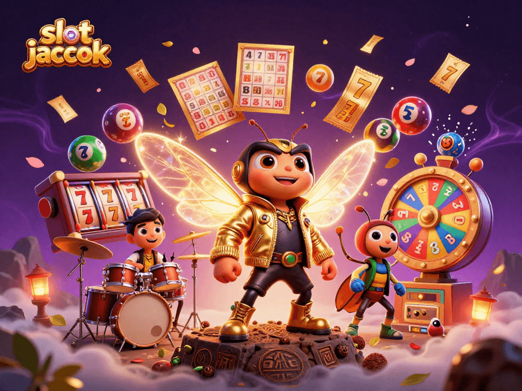 Engage in the excitement of slot jackpot with a vibrant 3D casino-themed illustration showcasing a rock star and colorful game elements.