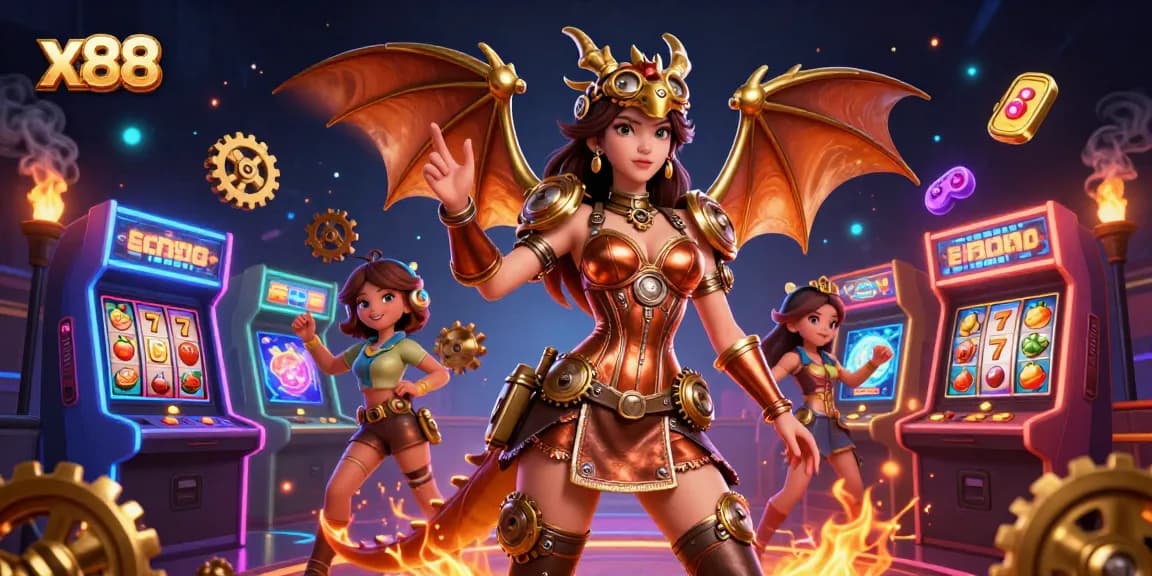 X88 players engage in thrilling casino games with vibrant slot machines and lucky symbols.