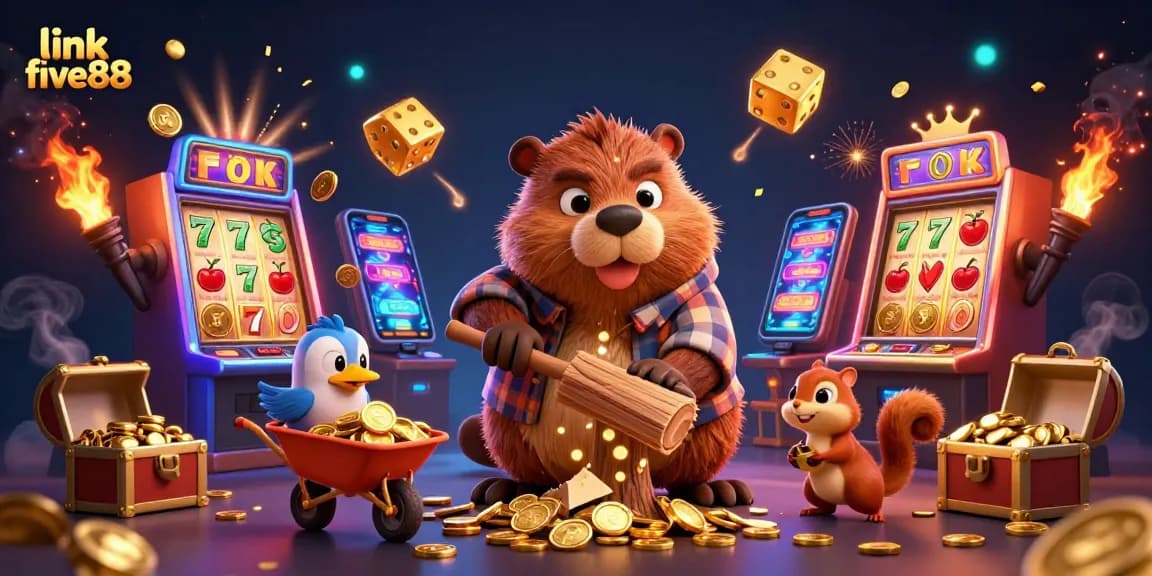 link five88 illustrates a beaver collecting golden coins in a vibrant casino scene.