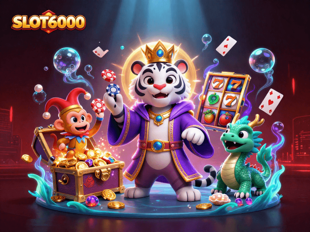 SLOT6000 showcases an engaging 3D casino scene with vibrant characters and slot machine elements, enhancing the gaming experience.
