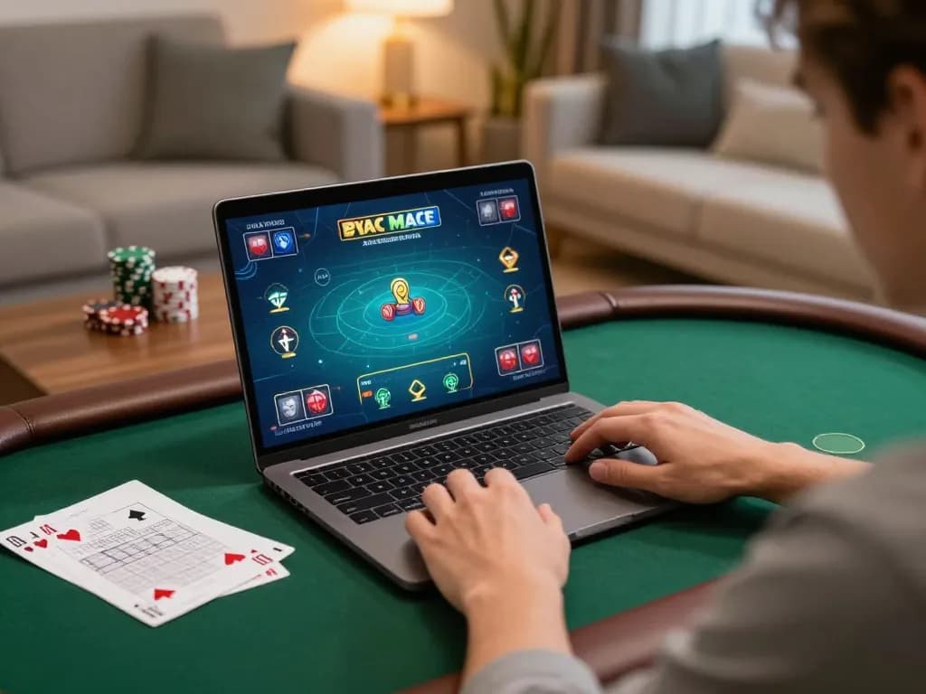 KJC Global gambling experience with a player strategizing in a cozy home environment.