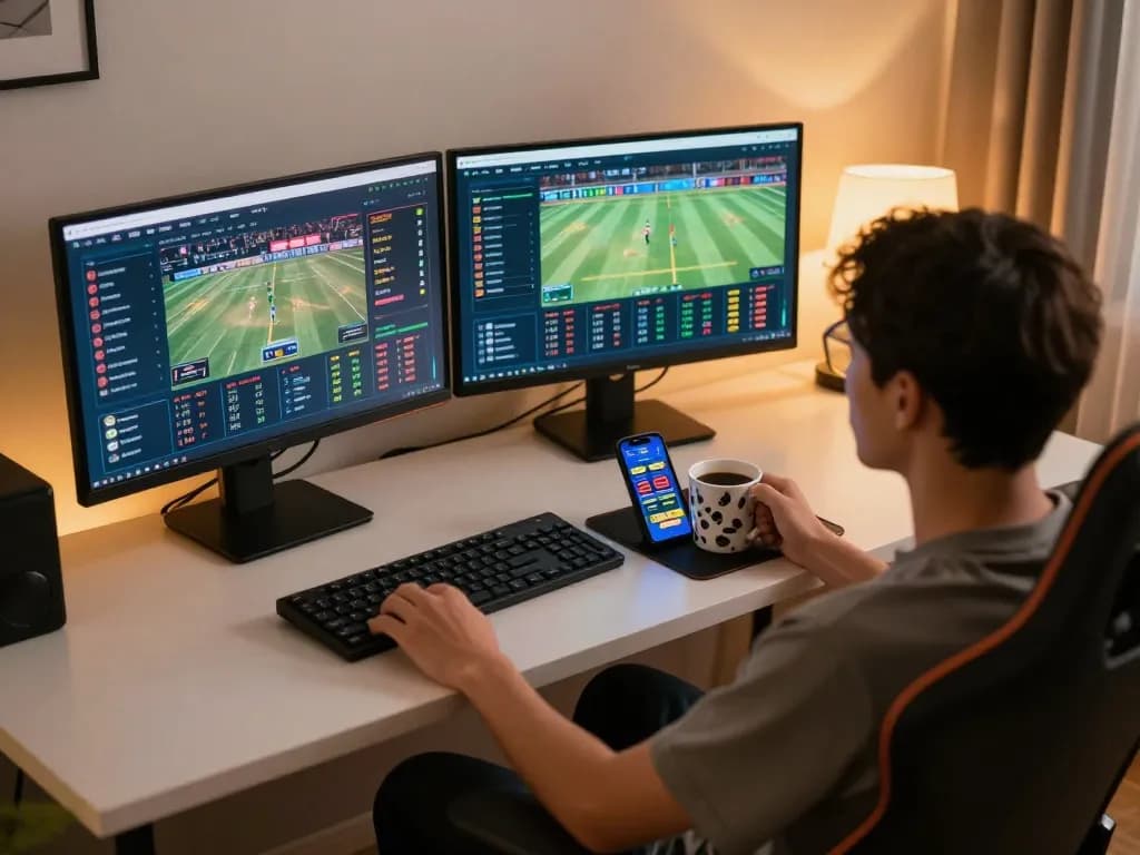 Engaged betting enthusiast using Keonhacai on dual monitors for live sports gambling and odds analysis
