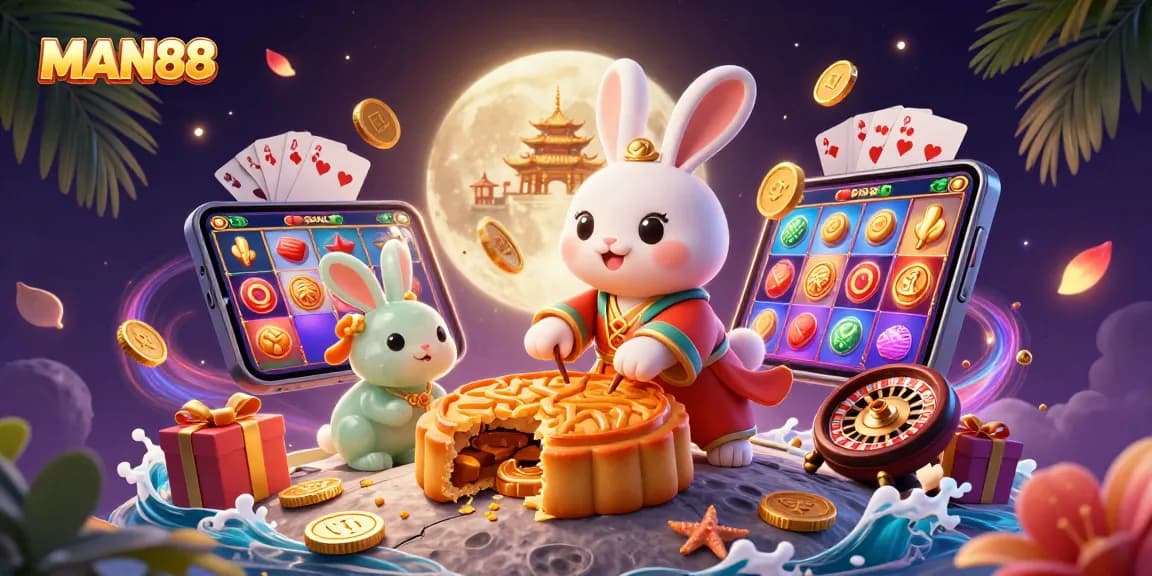 Experience thrilling gaming at MAN88 featuring a vibrant 3D casino scene with slot games and poker.