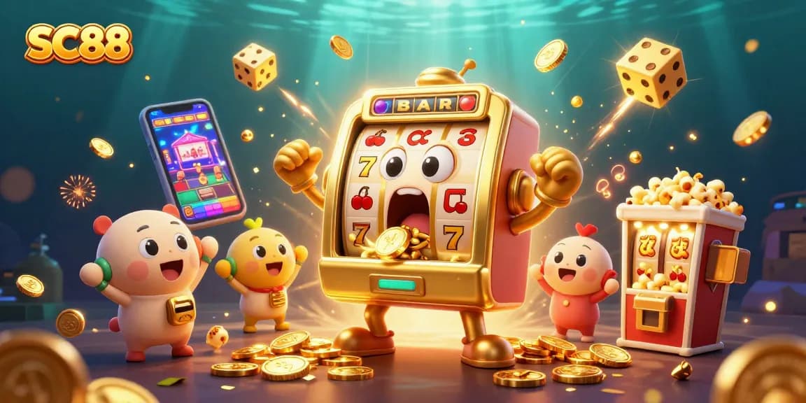 Spin to win at SC88 with a golden slot machine hitting a jackpot surrounded by cheerful baby slots.