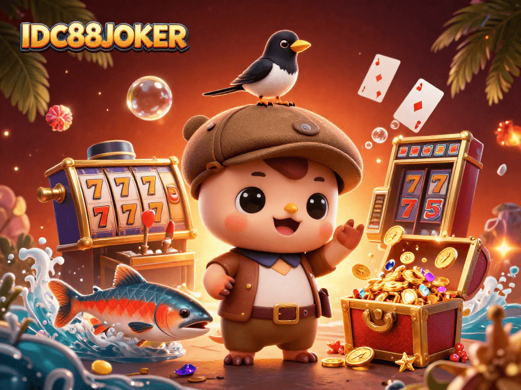 Engage with IDC88JOKER's vibrant 3D casino scene showcasing playful characters immersed in winning action.