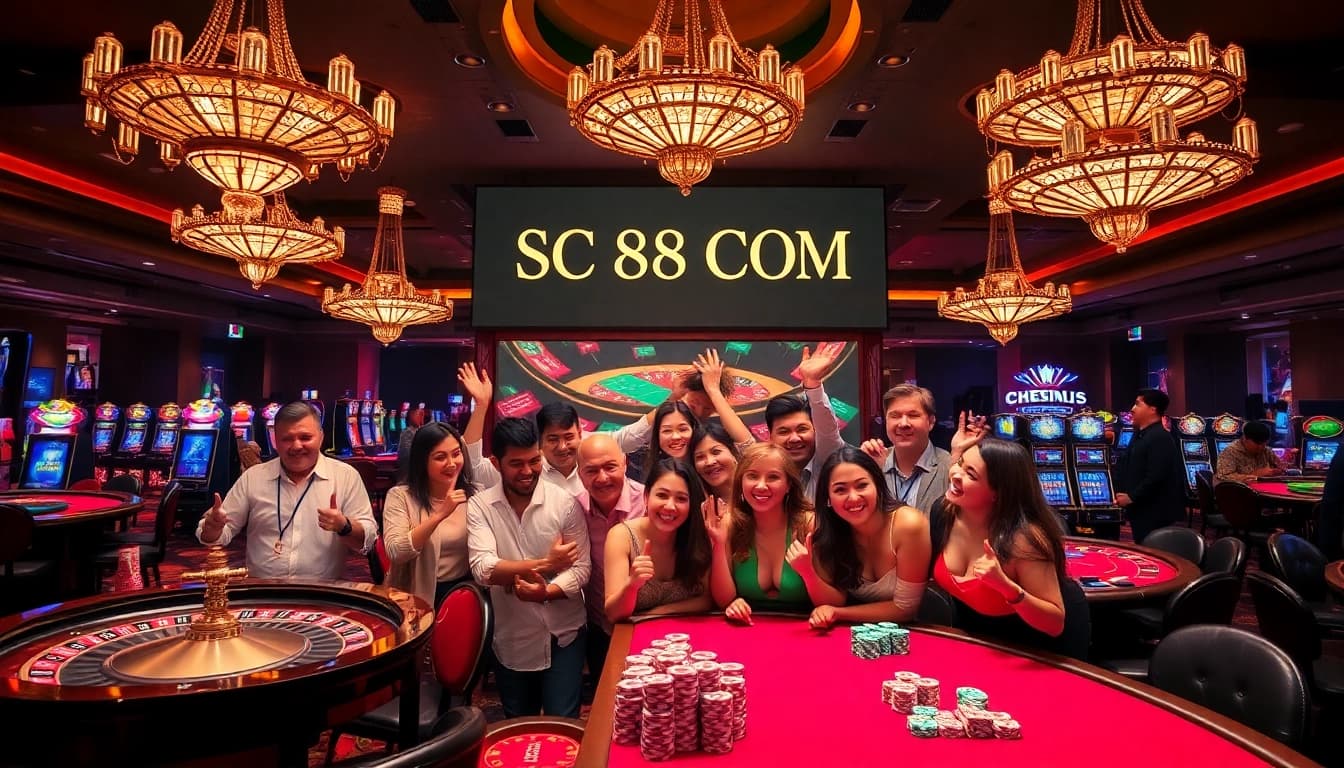 Players enjoying their luck at gambling tables, showcasing SC88 COM in a vibrant casino atmosphere.