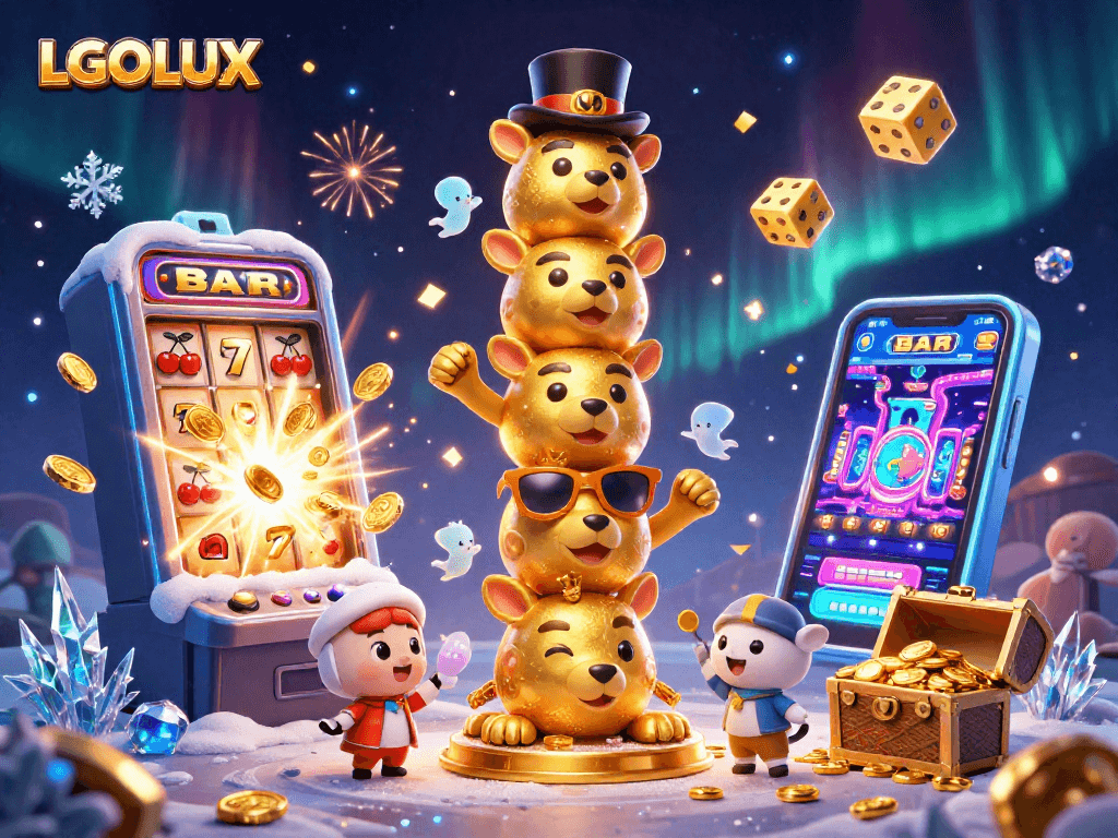 Experience the excitement of LGOLUX with dynamic casino elements amidst vibrant totem pole characters.
