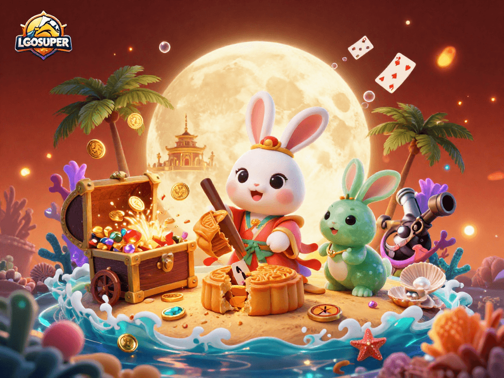 Experience LGOSUPER's enchanting moon rabbit scene packed with poker chips, gold coins, and vibrant gaming elements.