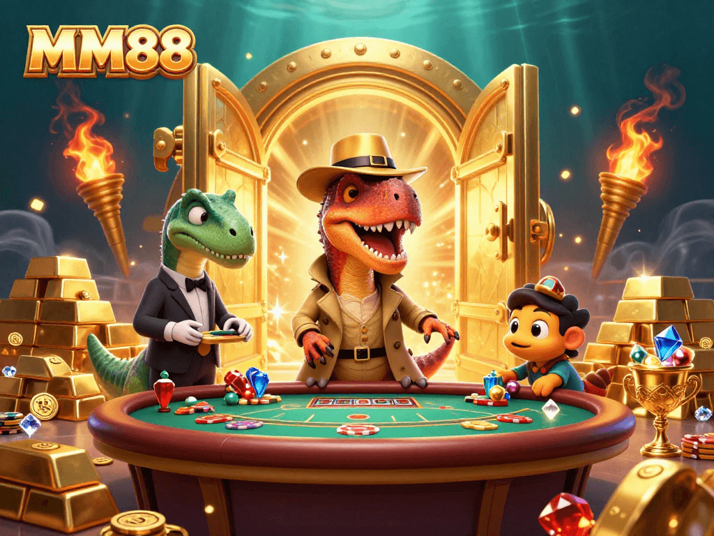Experience thrilling gaming action at MM88 with a sneaky velociraptor and suspicious stegosaurus in a vibrant casino.