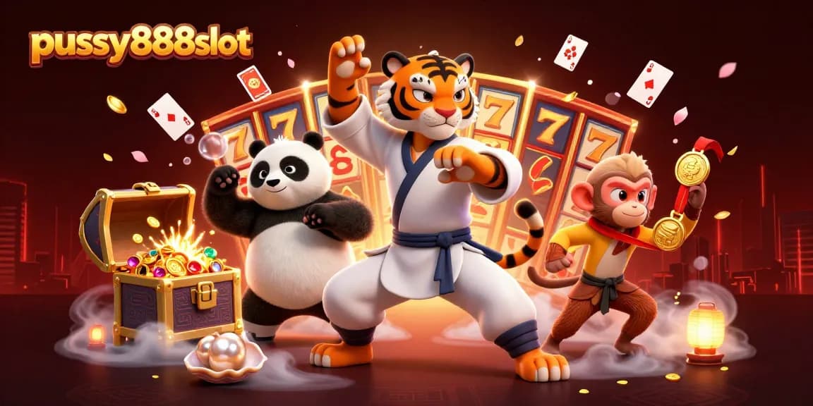 Experience thrilling gameplay at pussy888slot with a vibrant casino scene featuring animated characters and gaming elements.