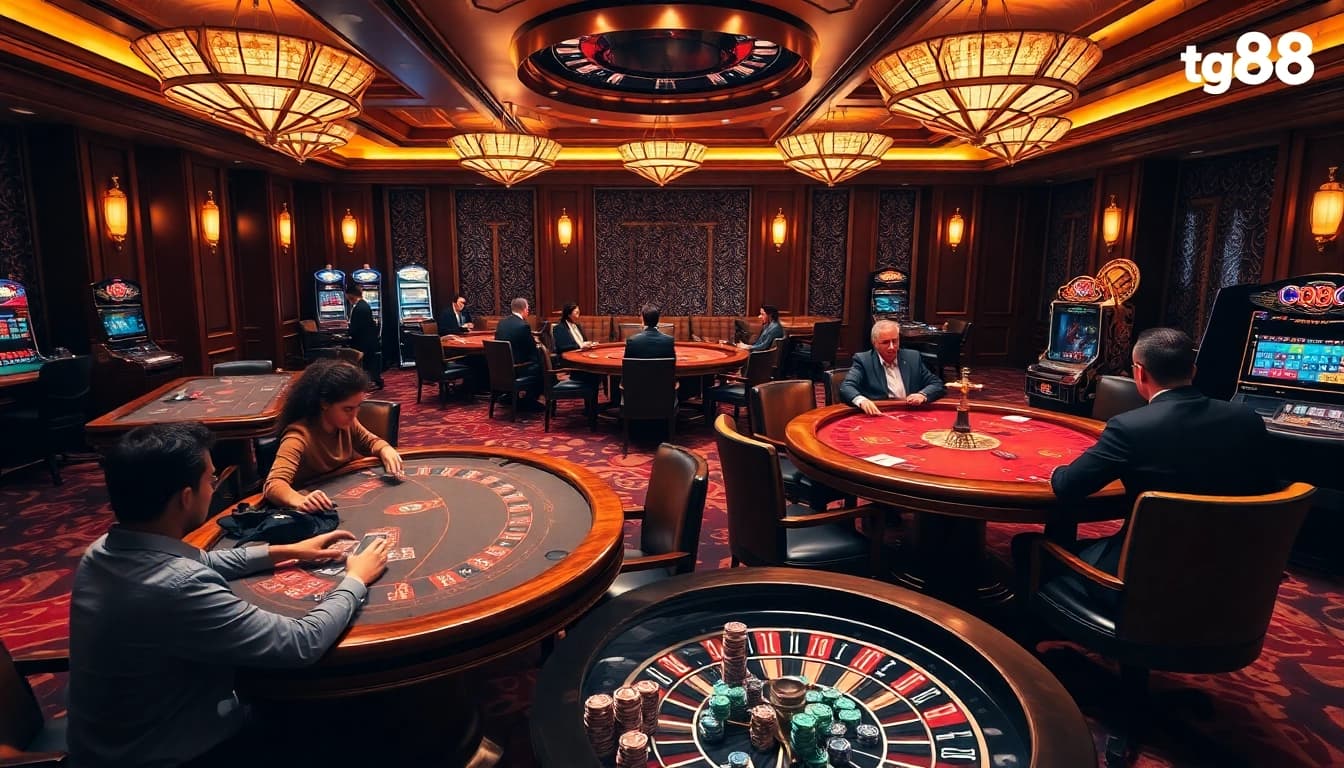 Engaging players at tg88 casino tables enjoying high-stakes poker and Baccarat games.