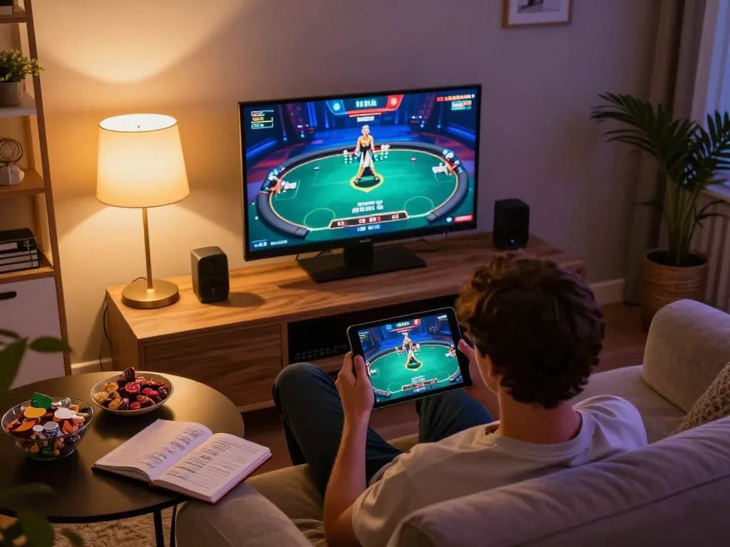Player enjoying an intense poker game on TR88, showcasing strategic betting moves and cozy home setup