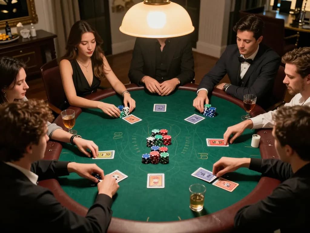 Players enjoying a vibrant poker night at home with j188 branded chips and cards in the spotlight.