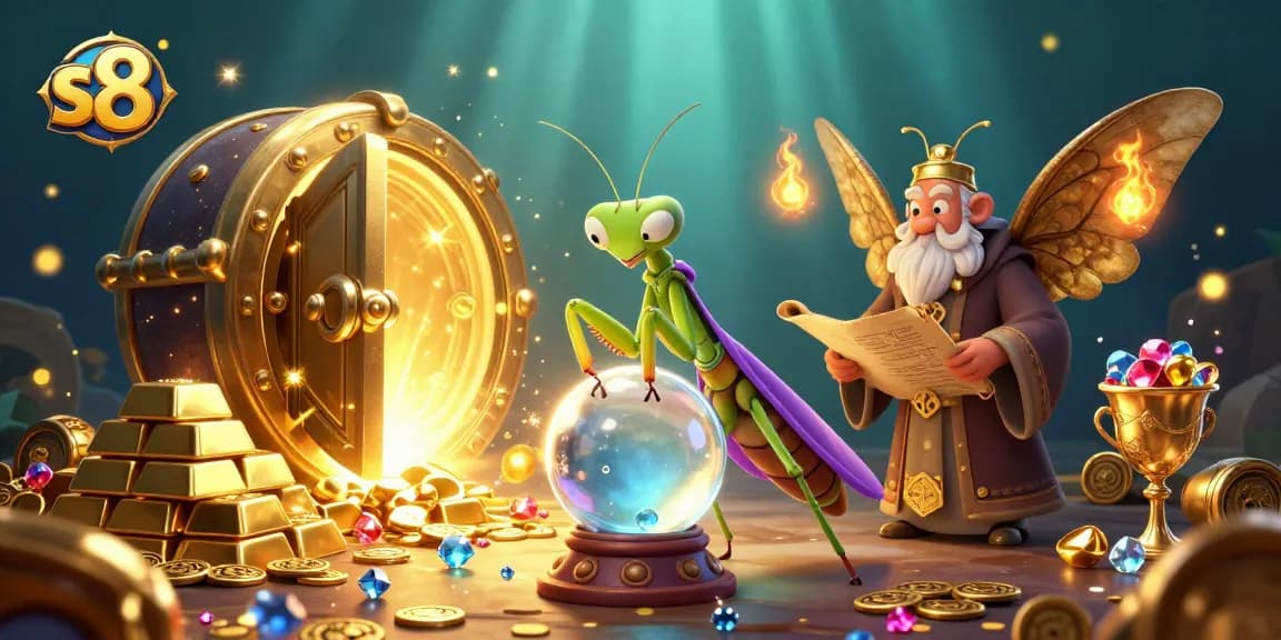 Experience thrilling bets at S8 with a vibrant casino scene featuring fortune tellers and treasure!