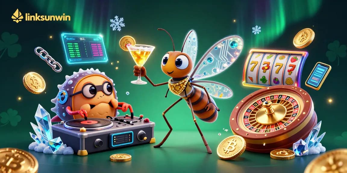 Engage with linksunwin's vibrant casino scene featuring unique characters and crypto elements.