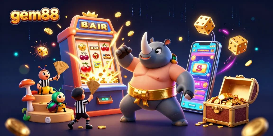Experience thrilling wins at gem88 with a vibrant 3D casino scene featuring dynamic characters and exciting game elements.