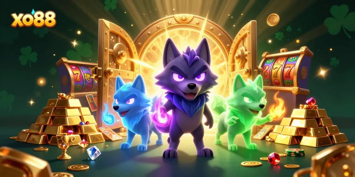 Experience the excitement at xo88 with a dynamic 3D illustration of a mystical wolf pack amidst casino treasures.