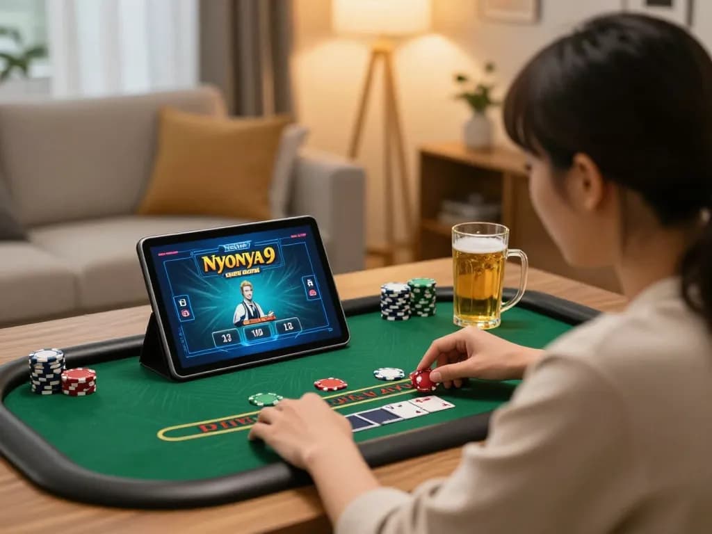 Nyonya9 player placing bets in an engaging live dealer game setup at home in inviting ambiance.
