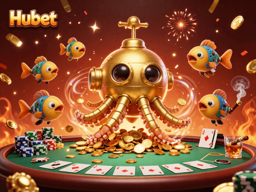 Experience Hubet's thrilling underwater casino adventure featuring a golden kraken and vibrant poker scene.