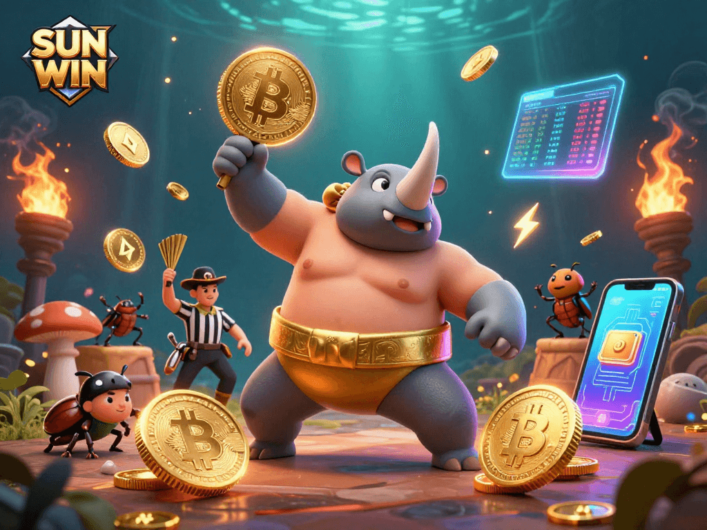 Experience the excitement of SUN WIN with a cartoon rhinoceros beetle champion stomping gold coins in a vibrant casino scene.
