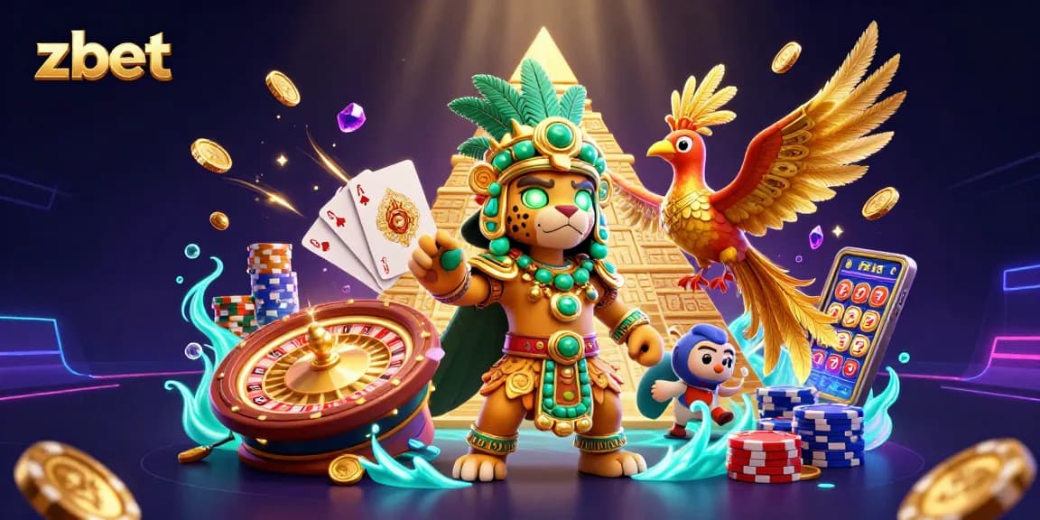 Experience thrilling wins at zbet with a vibrant Mayan-themed 3D casino illustration.