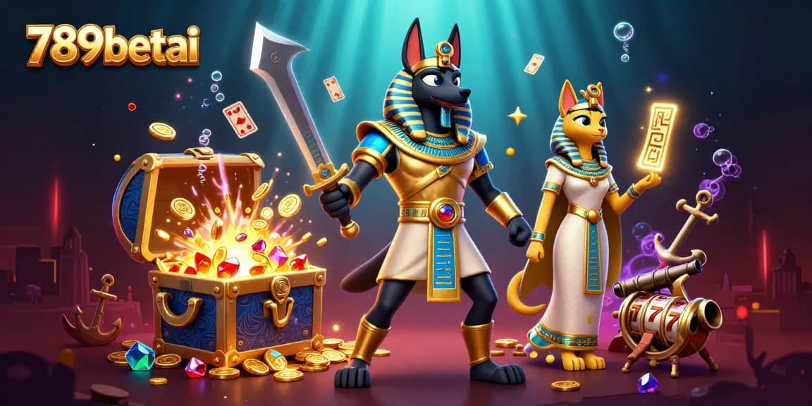 Engage in thrilling gameplay with 789betai as Anubis and Bastet navigate a vibrant casino adventure.