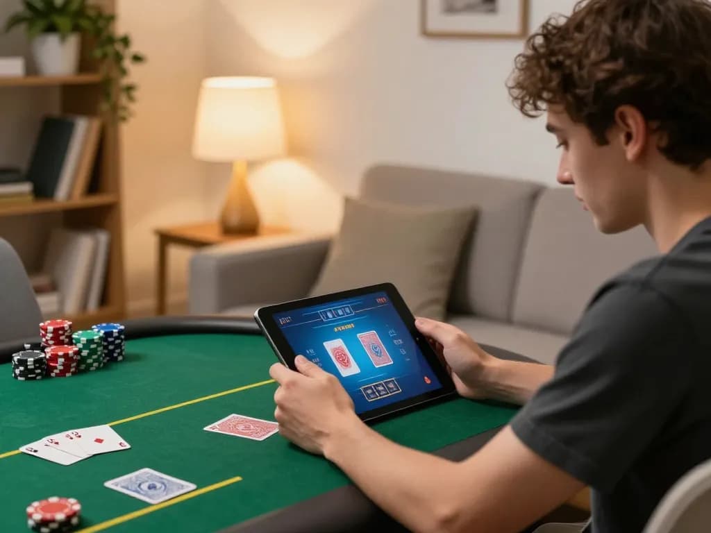 Engaging online poker scene showing user interacting with GO99 app on tablet from a cozy home