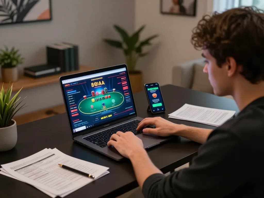 Engaged player using laptop for 88aa poker, showcasing strategic gambling at home.