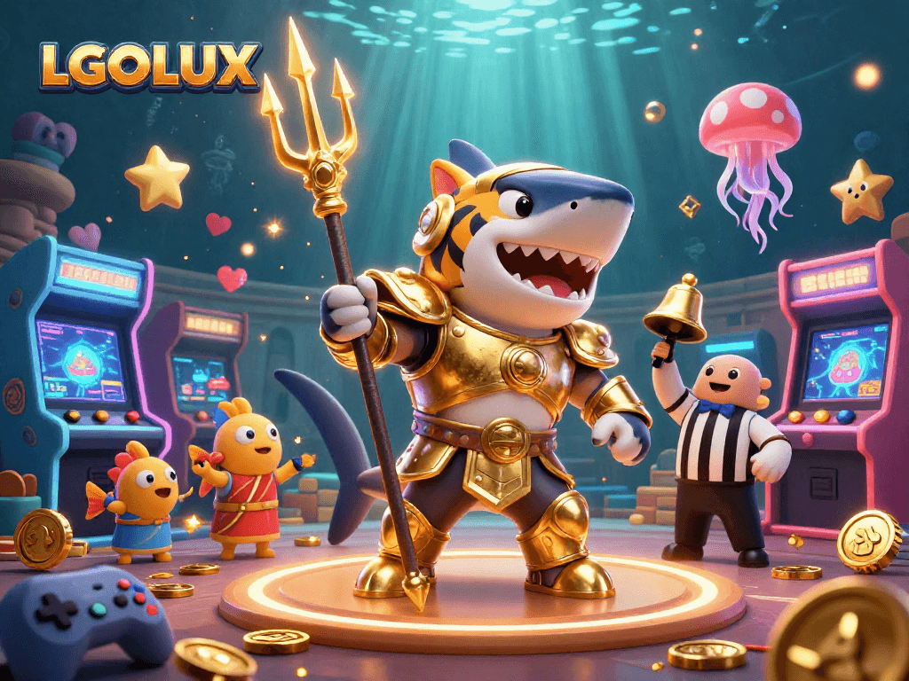 Join the excitement at LGOLUX with a vibrant underwater casino scene featuring a tiger shark and gaming icons.